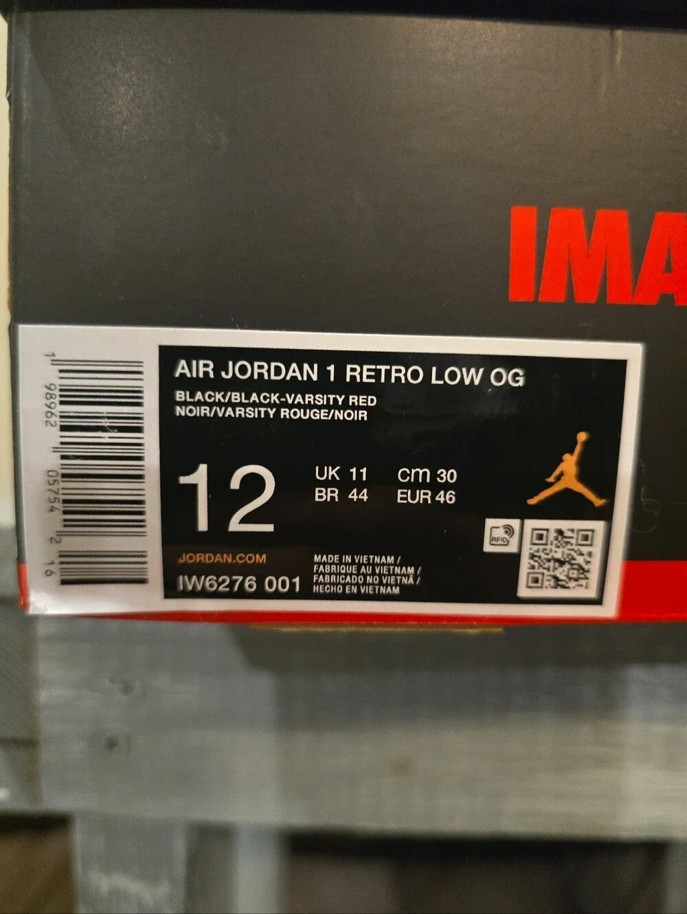 Nike Air Jordan 1 Retro Low OG Banned Bred Black Varsity Red IW6276-001 Men's 12